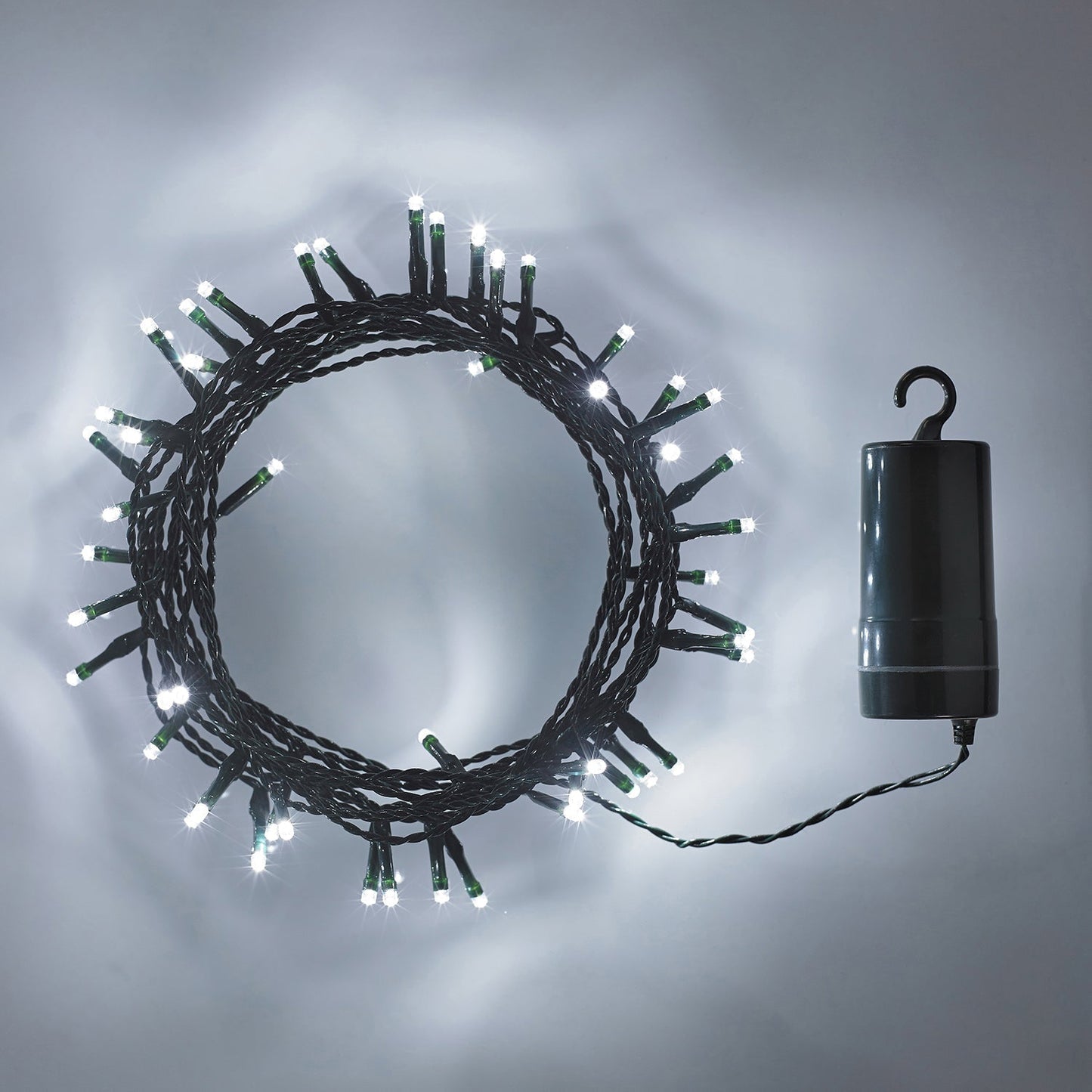 100 White LED Outdoor Battery Fairy Lights On Green Cable